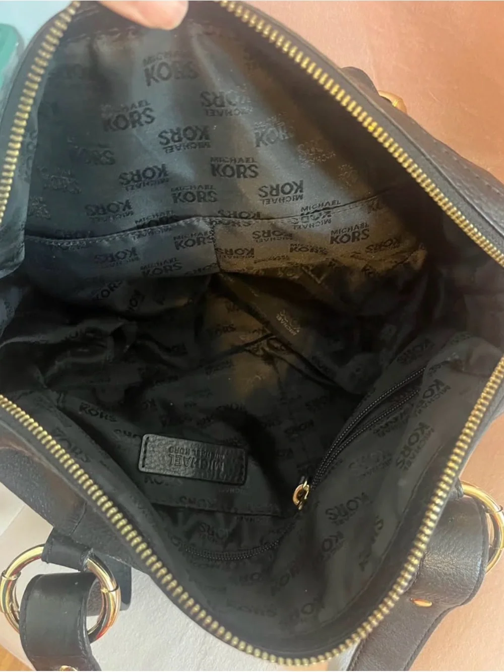 Michael Kors Fulton Black Leather Satchel Shoulder Bag Gold MK Circle Logo Hobo